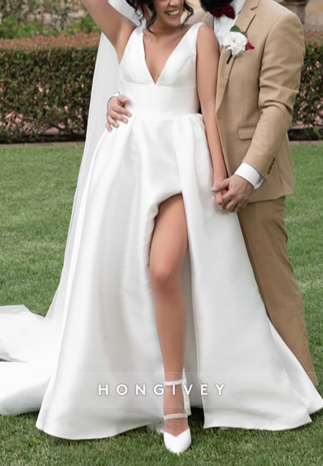Low V-Neck Regular Straps Satin Low Back Wedding Dresses with High Slit