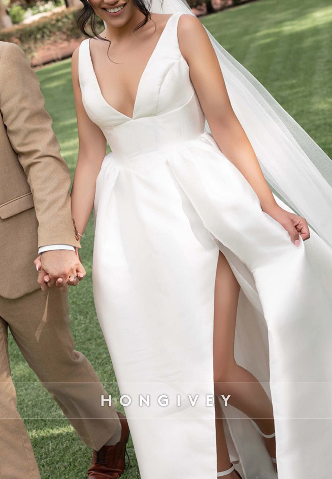 Low V-Neck Regular Straps Satin Low Back Wedding Dresses with High Slit