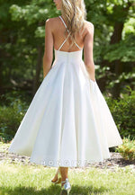 Princess Tea-Length Sleeveless Pleated Crisscross Back Regular Straps Wedding Dresses