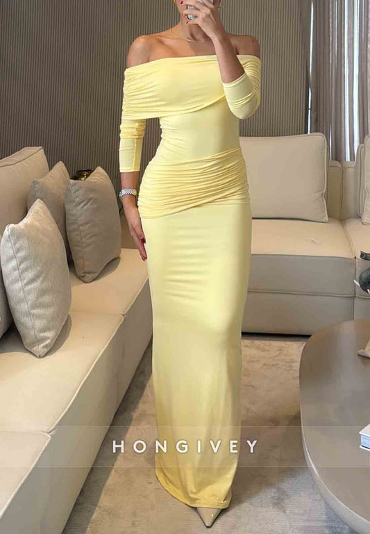 Off the Shoulder 3/4 Sleeve Floor-Length Pleated Column Evening Gowns