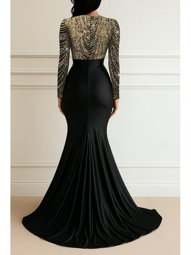 Long Sleeves Sweep Train Trumpet Satin Evening Gown with Beading