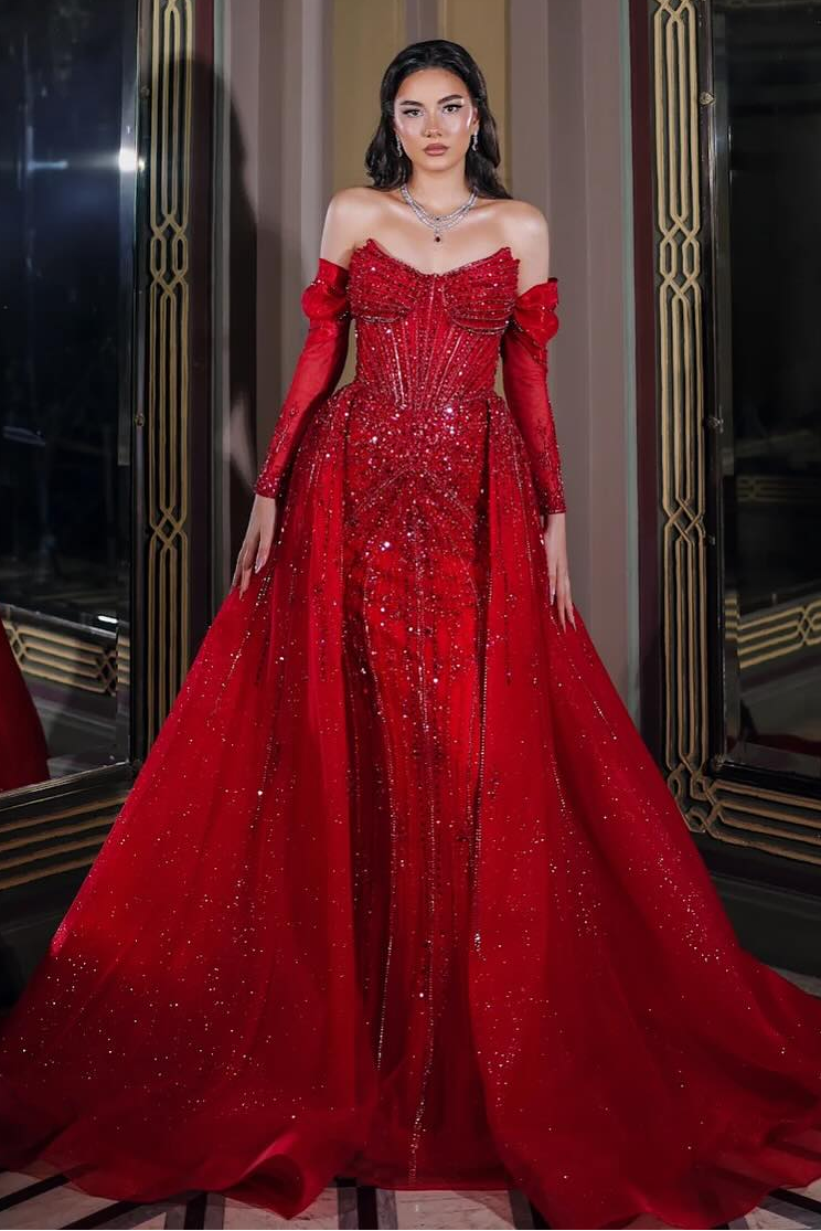 Red Sweetheart Long Sleeve Mermaid Court Train Floor-length Evening Dress