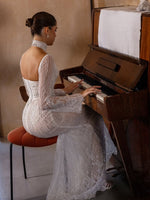 Elegant High Neck Lace Long Sleeve Backless Mermaid Beaded Floor-Length Wedding Dress