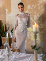 Elegant High Neck Lace Long Sleeve Backless Mermaid Beaded Floor-Length Wedding Dress