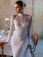 Elegant High Neck Lace Long Sleeve Backless Mermaid Beaded Floor-Length Wedding Dress