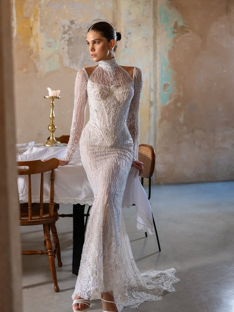 Elegant High Neck Lace Long Sleeve Backless Mermaid Beaded Floor-Length Wedding Dress
