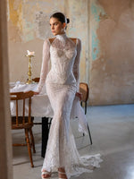Elegant High Neck Lace Long Sleeve Backless Mermaid Beaded Floor-Length Wedding Dress