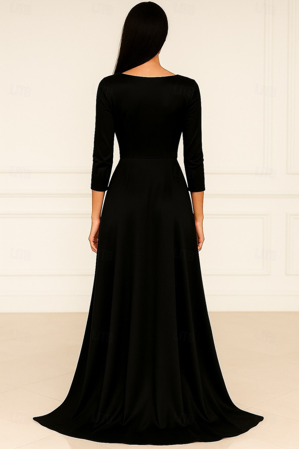 Black 3/4 Sleeve Mermaid Floor-Length Ruched Evening Dress Formal