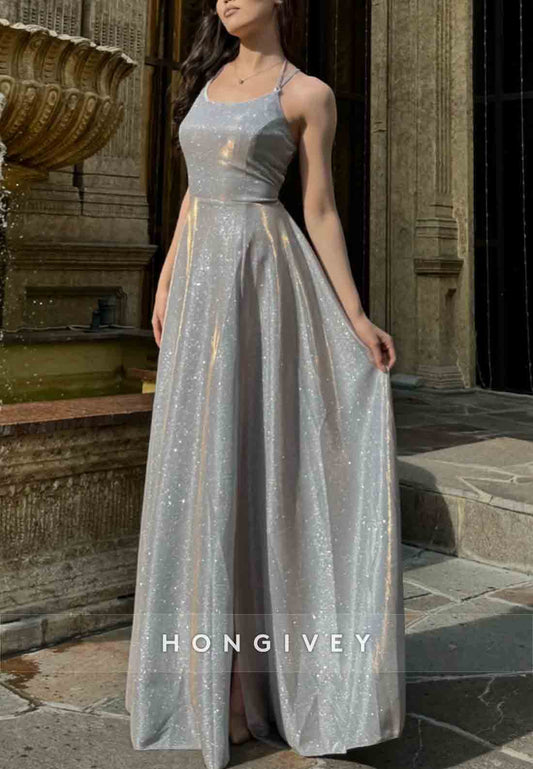 Glitter Side Slit Evening Gowns Sleeveless A-Line Halter Tie Back Evening Gowns