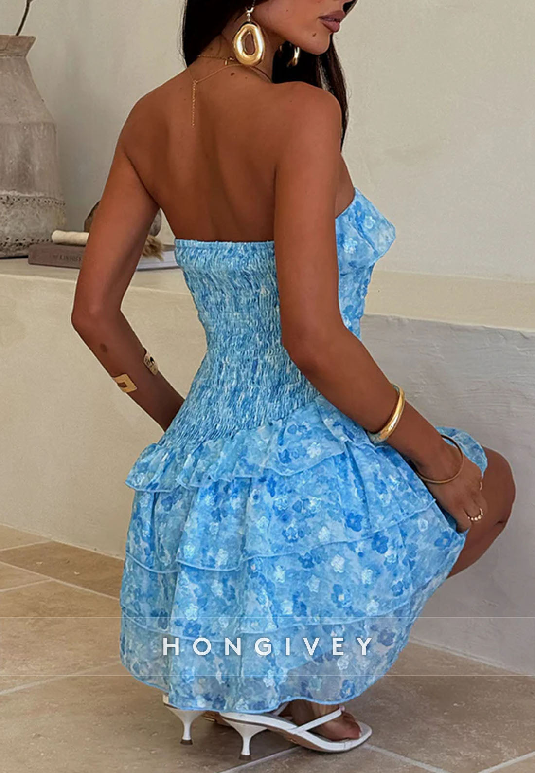 A-Line Blue Floral Print Strapless Short Homecoming Dress with Ruffles