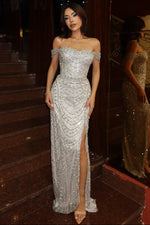 Off the Shoulder Sleeveless Sequins Sparkle Mermaid Prom Dress
