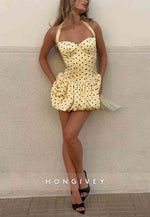 Yellow Halter Neck Spotted Ruched Sweetheart A-Line Mini Homecoming Dress
