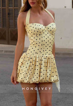 Yellow Halter Neck Spotted Ruched Sweetheart A-Line Mini Homecoming Dress