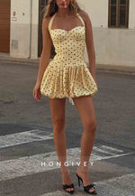 Yellow Halter Neck Spotted Ruched Sweetheart A-Line Mini Homecoming Dress