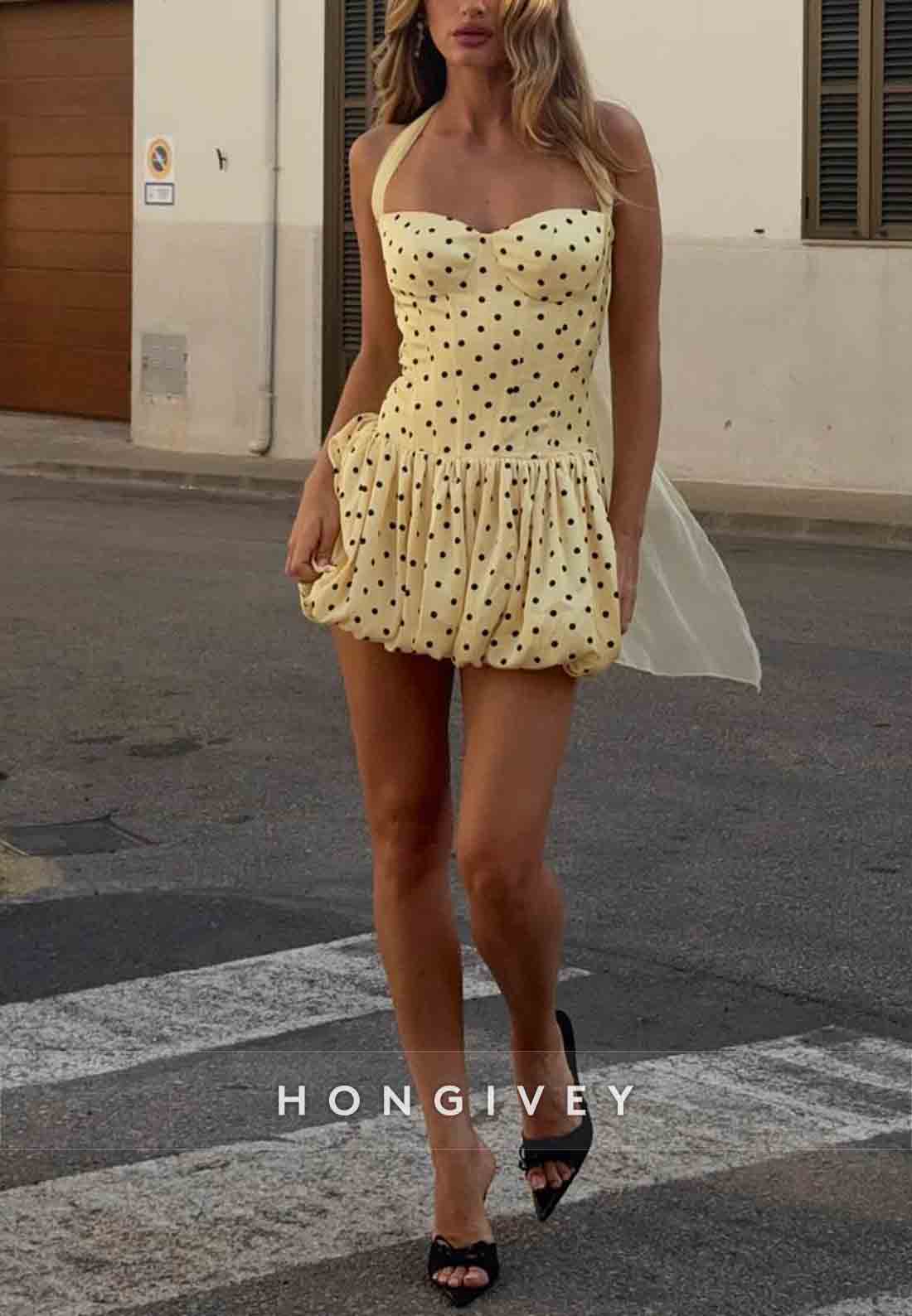 Yellow Halter Neck Spotted Ruched Sweetheart A-Line Mini Homecoming Dress