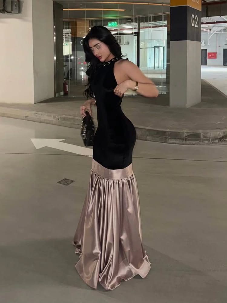 Halter Sleeveless Beaded Backless Mermaid Evening Dress Floor-Length