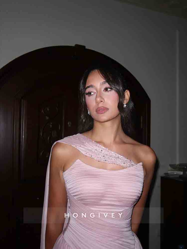 Pink A-Line Slit Beaded Evening Dress