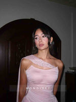 Pink A-Line Slit Beaded Evening Dress