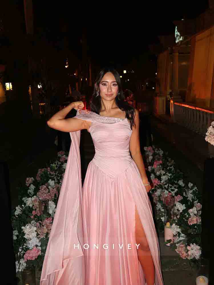 Pink A-Line Slit Beaded Evening Dress