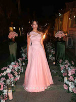 Pink A-Line Slit Beaded Evening Dress