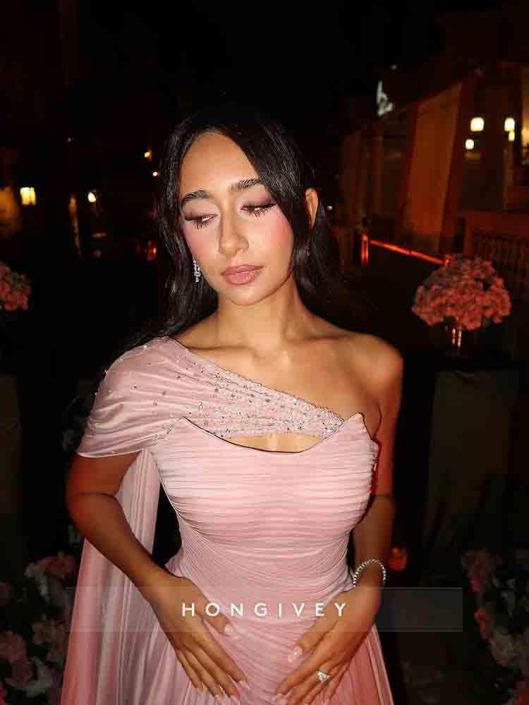 Pink A-Line Slit Beaded Evening Dress