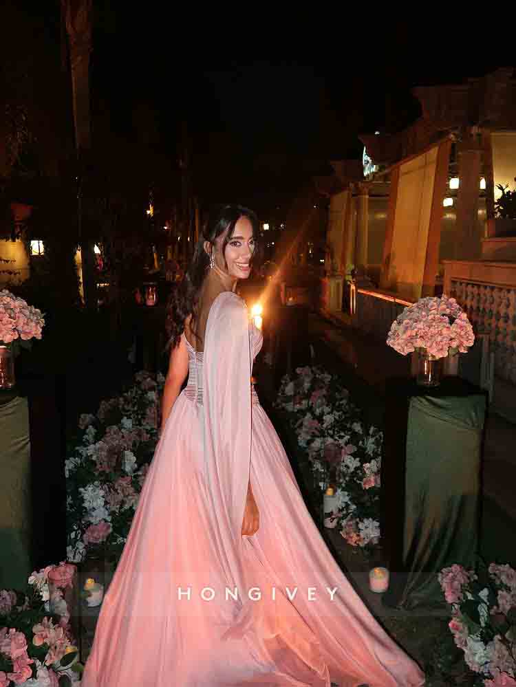 Pink A-Line Slit Beaded Evening Dress