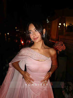 Pink A-Line Slit Beaded Evening Dress