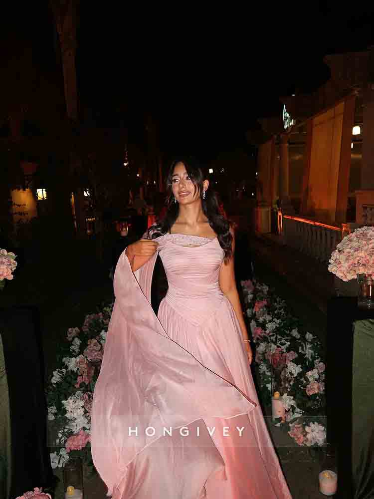 Pink A-Line Slit Beaded Evening Dress