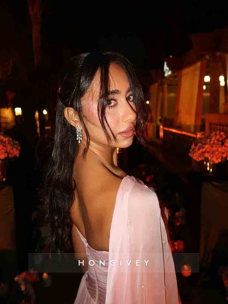 Pink A-Line Slit Beaded Evening Dress