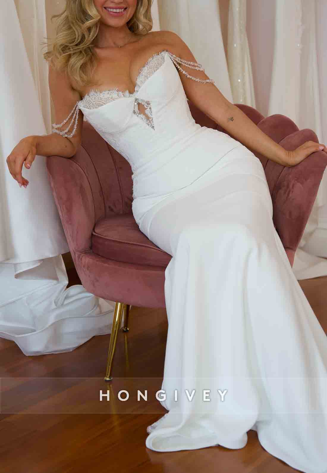 Elegant Off the Shoulder Court Train Lace Sweetheart Trumpet Wedding Dresses