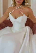 Cross-Neck Halter Satin A-Line Court Train Lace Trim Empire Wedding Dresses
