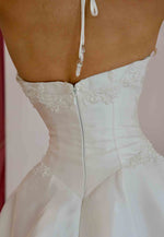 Cross-Neck Halter Satin A-Line Court Train Lace Trim Empire Wedding Dresses
