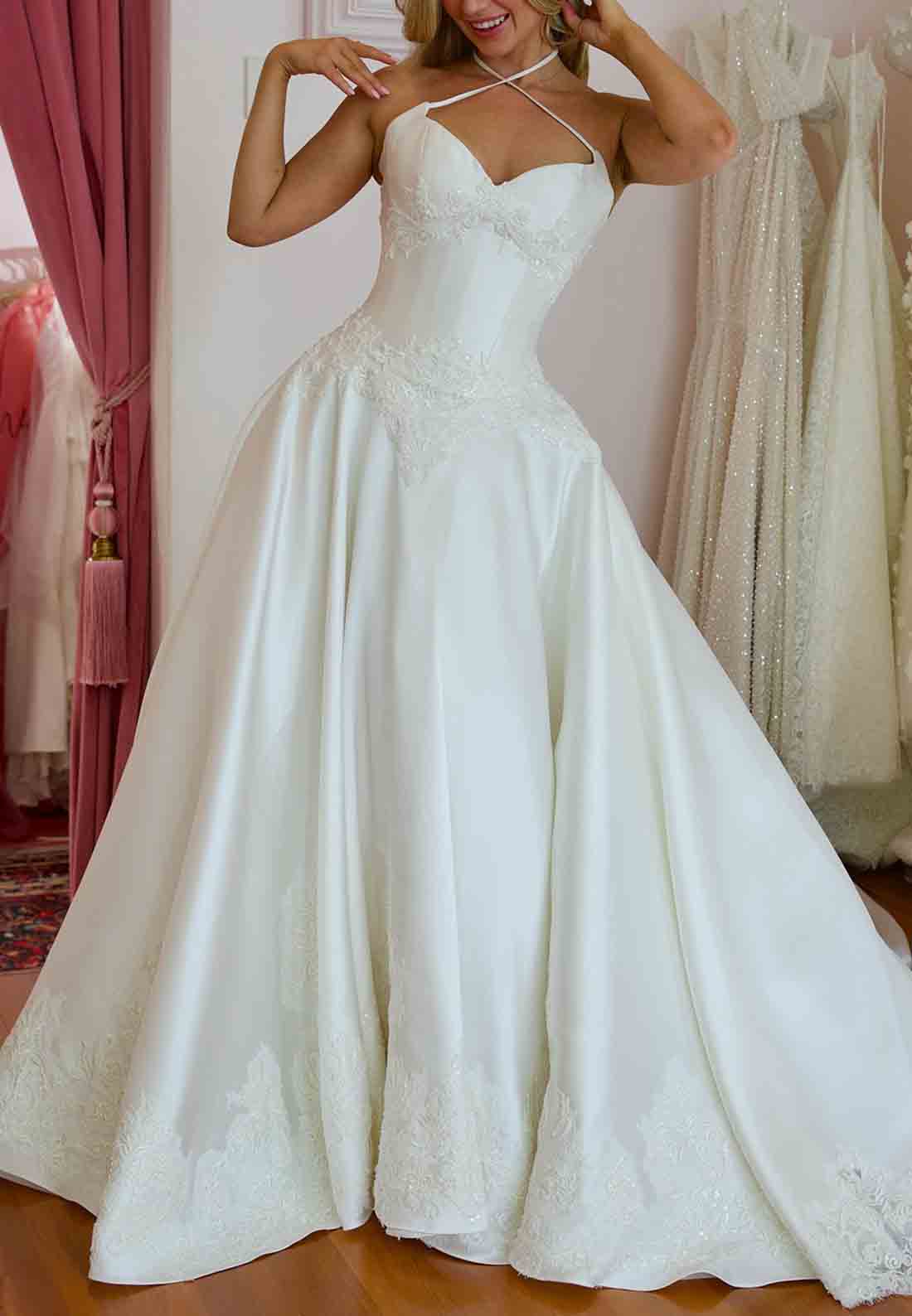 Cross-Neck Halter Satin A-Line Court Train Lace Trim Empire Wedding Dresses