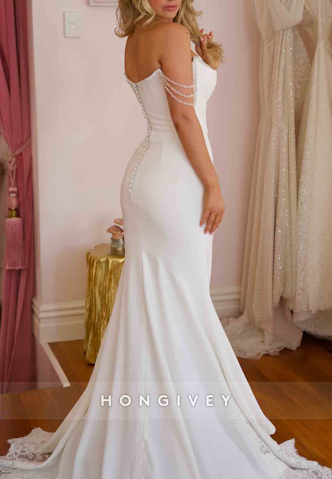 Elegant Off the Shoulder Court Train Lace Sweetheart Trumpet Wedding Dresses