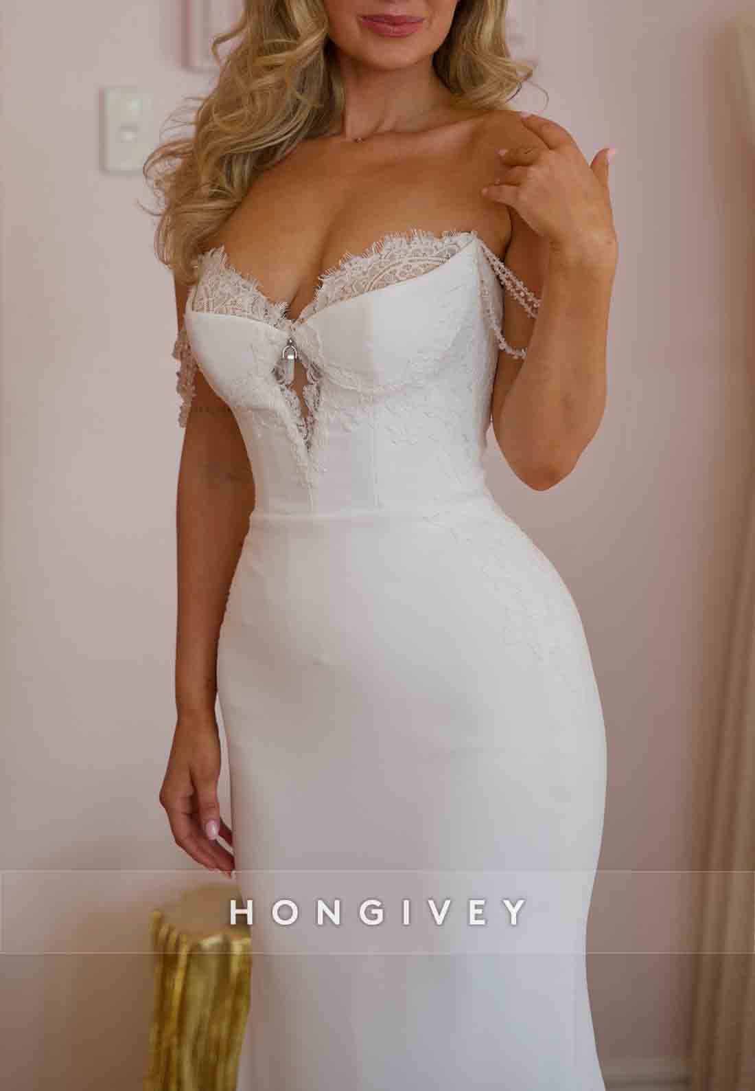 Elegant Off the Shoulder Court Train Lace Sweetheart Trumpet Wedding Dresses