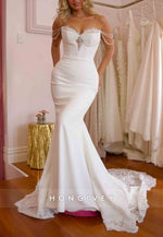 Elegant Off the Shoulder Court Train Lace Sweetheart Trumpet Wedding Dresses