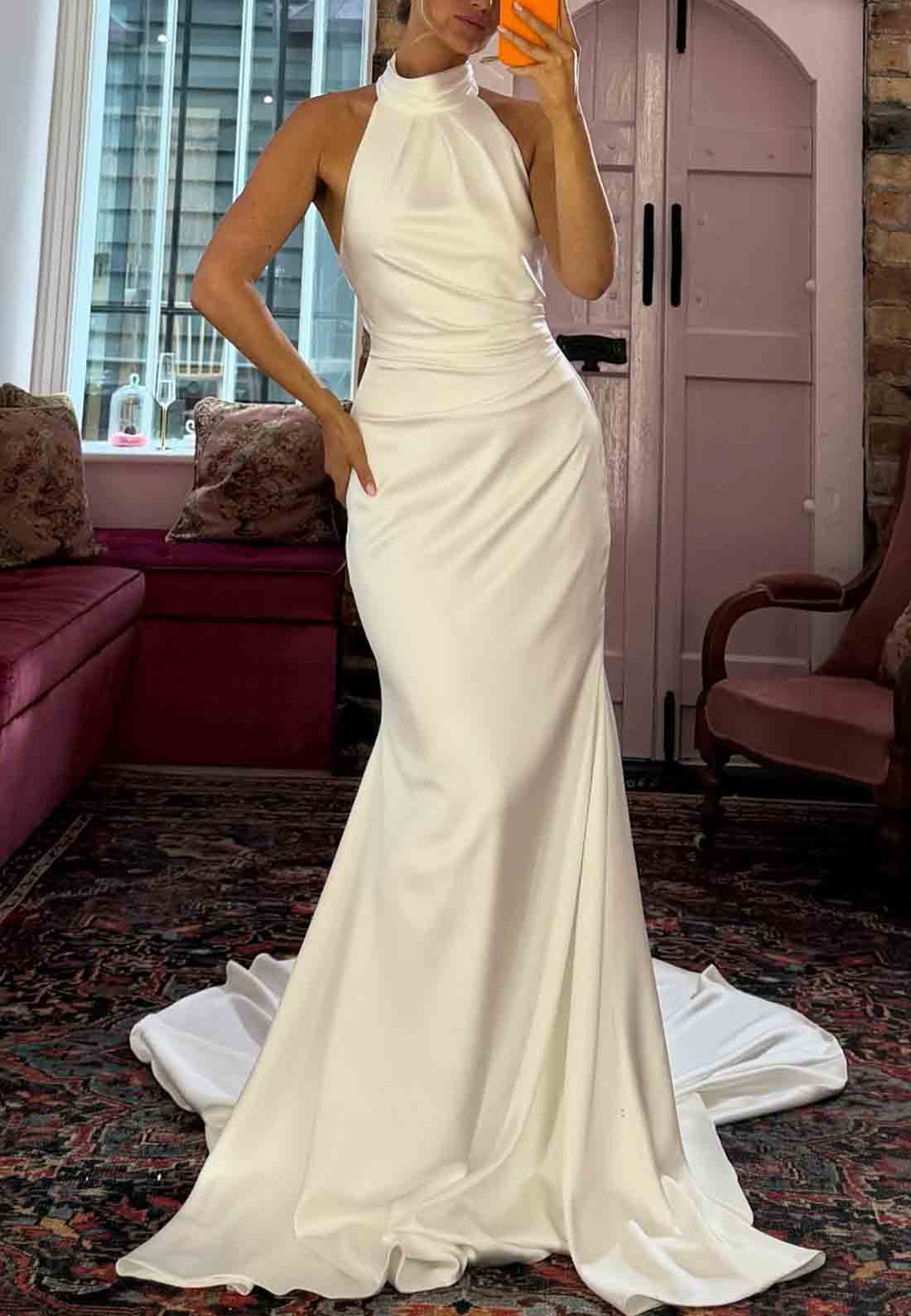 Halter Sleeveless Low Back Simple Court Train Trumpet Wedding Dresses