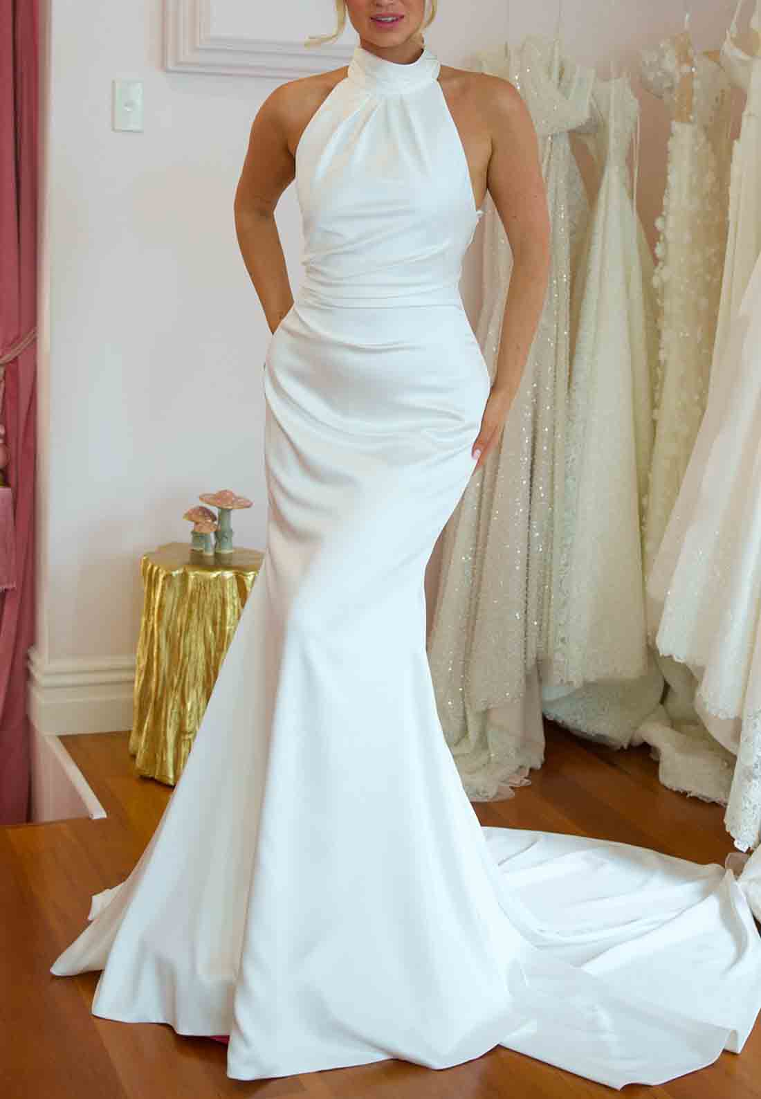Halter Sleeveless Low Back Simple Court Train Trumpet Wedding Dresses