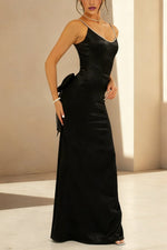 Black - Mermaid Spaghetti Straps Satin Long Prom Dresses with Bowknot