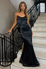 Black - Mermaid Spaghetti Straps Satin Long Prom Dresses with Bowknot