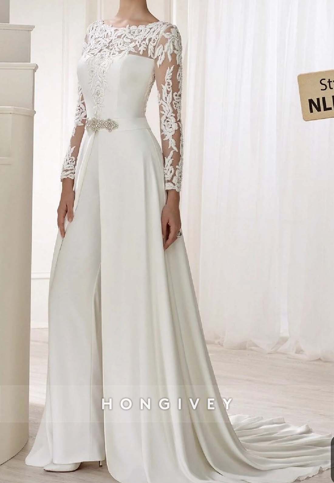 Jumpsuit Detachable Lace Long Sleeve Pleated Wedding Dresses