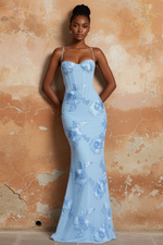 Spaghetti Straps Blue Flowers Sleeveless Mermaid Prom Dress