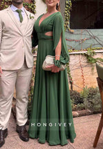 Elegant Low V-Neck Long Sleeves Column Floor-Length Pleated Evening Gowns