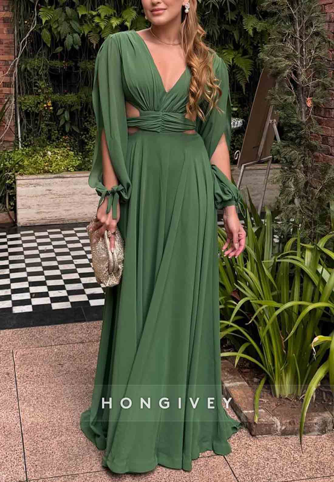 Elegant Low V-Neck Long Sleeves Column Floor-Length Pleated Evening Gowns