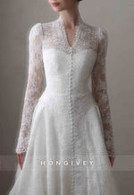 Lace Covered Button Long Sleeves Court Train A-Line V-Neck Wedding Dresses