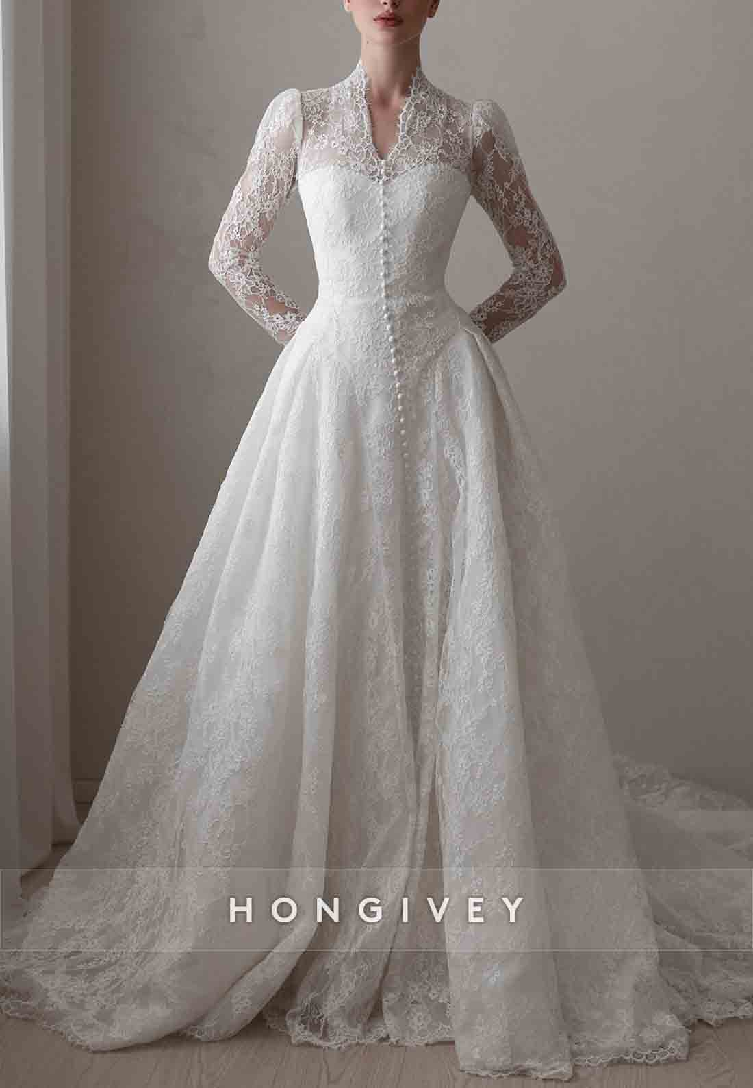 Lace Covered Button Long Sleeves Court Train A-Line V-Neck Wedding Dresses