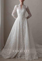 Lace Covered Button Long Sleeves Court Train A-Line V-Neck Wedding Dresses