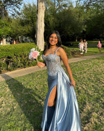 Applique Sheer Spaghetti Straps Sleeveless Mermaid Prom Dress Froor-Length Side Slit