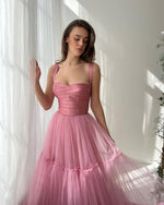 Simple Pink Square Neck Sleeveless Tulle A-Line Evening Dress Women