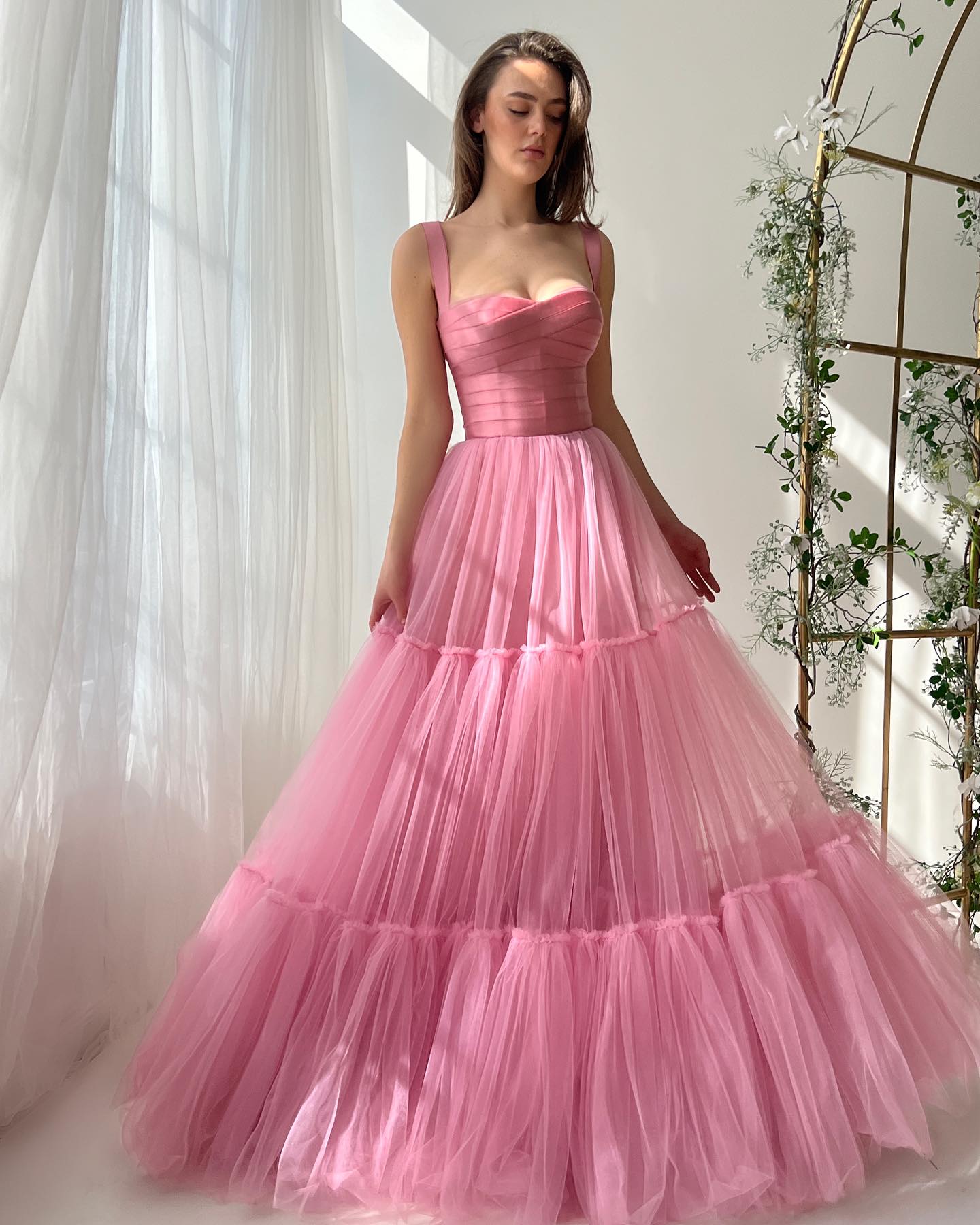 Simple Pink Square Neck Sleeveless Tulle A-Line Evening Dress Women